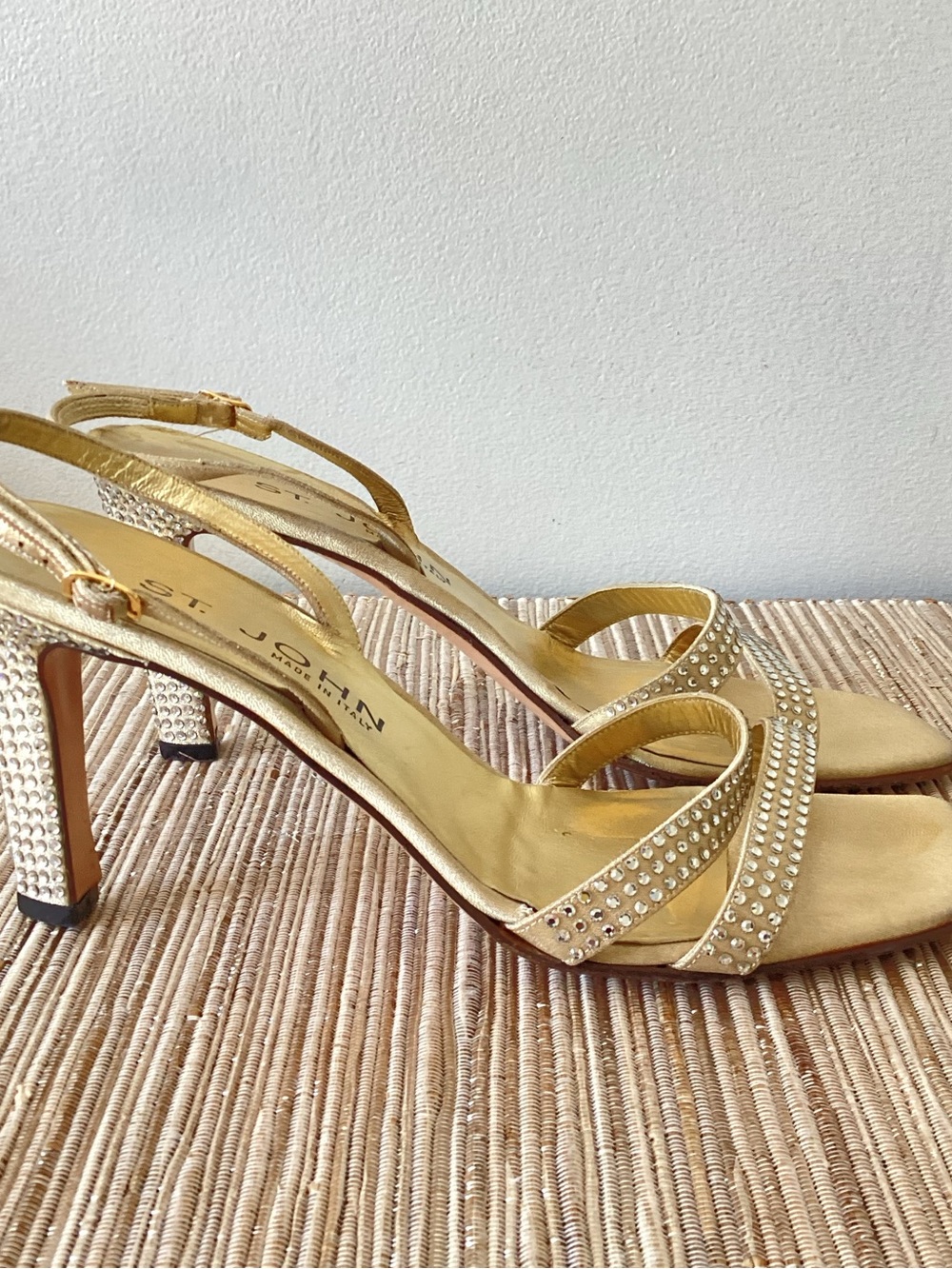 VTG St. John Gold Rhinestone Strappy Evening Heels Shoes Size 9